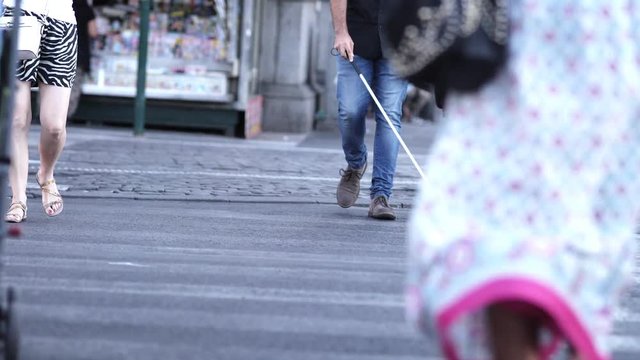 Blind Man Crossing The crowded street. Indipendence,disability