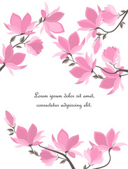 Vector illustration branches with floral decoration. Spring magnolia. Background with pink flowers