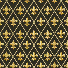 watercolor golden fleur-de-lis pattern. Gold royal lily seamless background