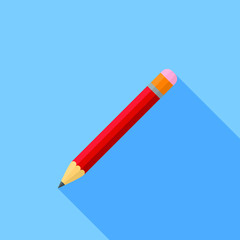 Pencil with long shadow, Flat vector icon, red pencil on blue background. EPS10