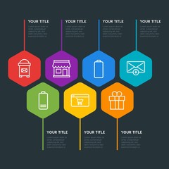 Flat geometric mobile, email, shopping infographic steps template with 7 options for presentations, advertising, annual reports