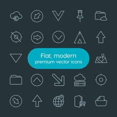 Modern Simple Set of location, cloud and networking, arrows, folder Vector outline Icons. Contains such Icons as  internet, network, map and more on dark background. Fully Editable. Pixel Perfect.