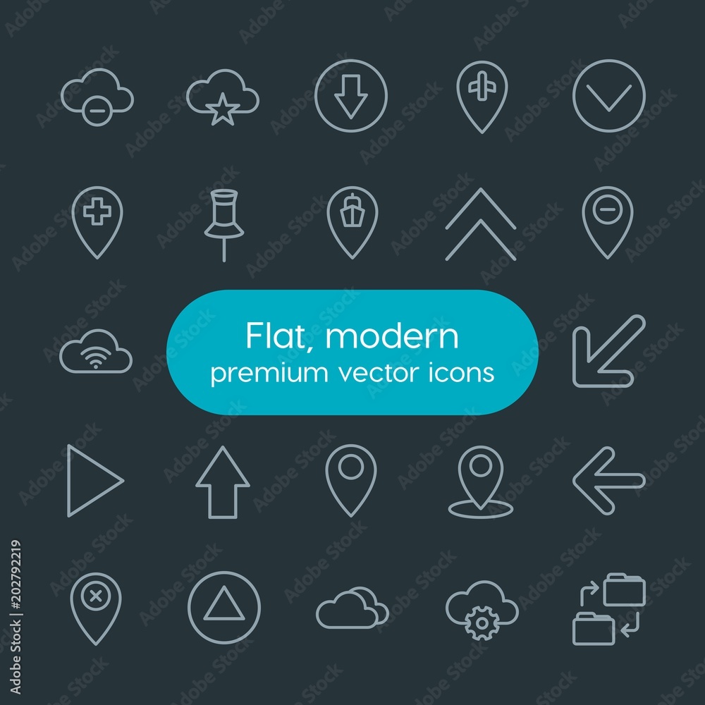 Poster modern simple set of location, cloud and networking, arrows, folder vector outline icons. contains s