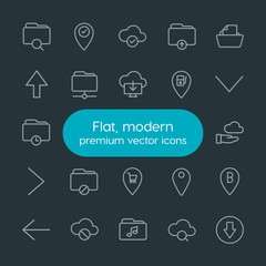 Modern Simple Set of location, cloud and networking, arrows, folder Vector outline Icons. Contains such Icons as  buy,  payment,  up,  cloud and more on dark background. Fully Editable. Pixel Perfect.