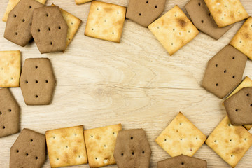 Chocolate Сookies and snacks. Food concept. Empty space for text and design. Wooden background