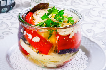 Pickled vegetables in a glass jar