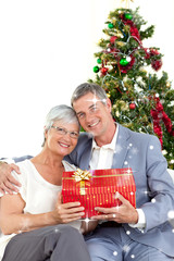 Obraz na płótnie Canvas Composite image of Senior couple holding a Christmas present with snow falling