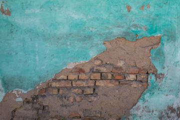 Blue Wall Background. Old Grungy Brickwork  Texture. Brickwall Backdrop. Structure With Broken Stucco 