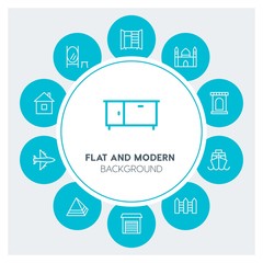 transports, buildings, furniture Infographic Circle outline Icons Set. Contains such Icons as  business,  website,  elements,  background,  pattern,  banner and more. Fully Editable. Pixel Perfect