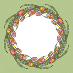 Tulips flowers frame vector illustration. Hand drawn nature background. Floral decorative border.