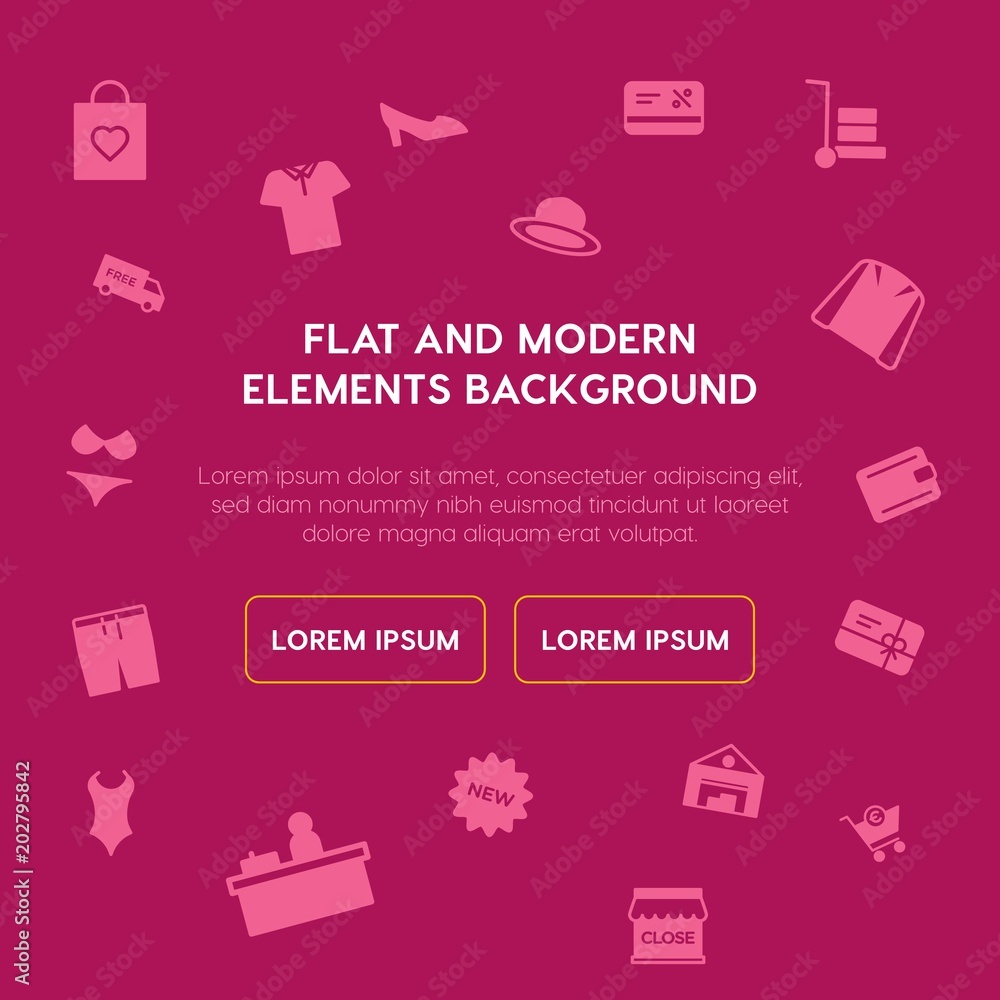 Poster clothes, shopping fill vector icons and elements background concept on violet background.multipurpos
