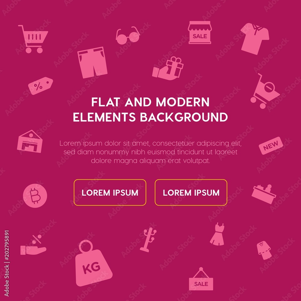 Poster clothes, shopping fill vector icons and elements background concept on violet background.multipurpos