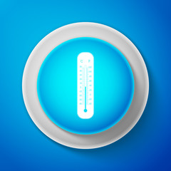 Celsius and fahrenheit meteorology thermometers measuring heat and cold icon isolated on blue background. Thermometer equipment showing hot or cold weather. Circle blue button. Vector Illustration