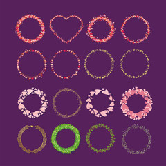 Set of frames made from hearts. Collection wreaths hearts