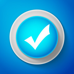 White Check mark icon isolated on blue background. Tick symbol. Circle blue button with white line. Vector Illustration