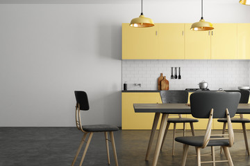 Yellow kitchen with copyspace