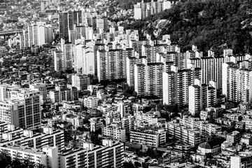 Typical residential areas of Seoul, South Korea, black and white image