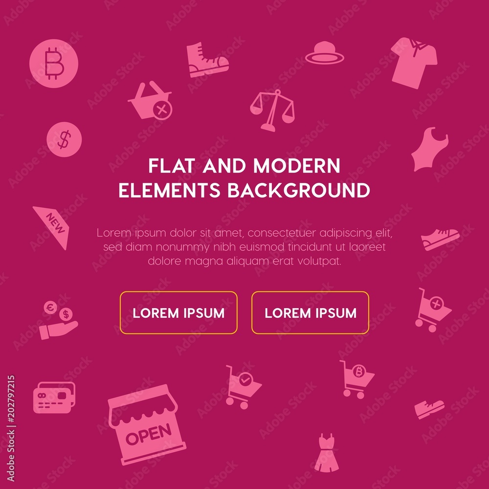 Poster clothes, shopping fill vector icons and elements background concept on violet background.multipurpos