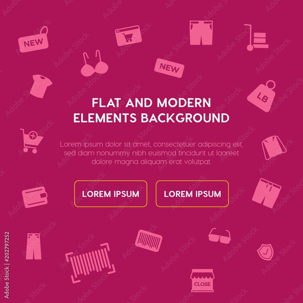 Poster clothes, shopping fill vector icons and elements background concept on violet background.multipurpos