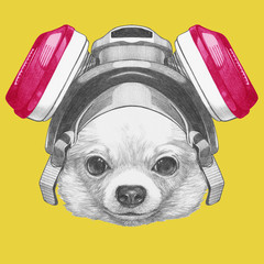 Portrait of Chihuahua with gas mask,  hand-drawn illustration