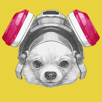Portrait of Chihuahua with gas mask,  hand-drawn illustration
