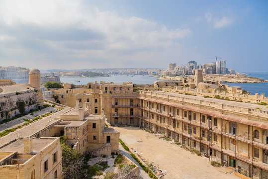 Valletta, Malta. View from Fort St. Elmo towards the bay of Marsamxette and the town of Sliema