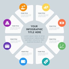 Obraz premium Circle chart business, money, charts infographic template with 8 options for presentations, advertising, annual reports