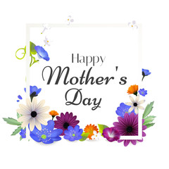 Mothers Day. Flowers. Bouquet. Floral background. Bright. Multicolored. Motley. Ornament. Congratulation. Festive illustration. White. Blue. Frame.