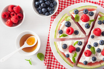 watermelon pizza slices with yogurt and berries, summer dessert