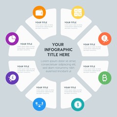 Circle chart business, money, charts infographic template with 8 options for presentations, advertising, annual reports