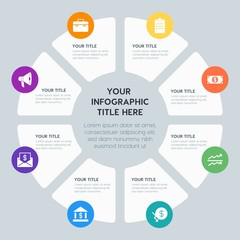 Obraz premium Circle chart business, money, charts infographic template with 8 options for presentations, advertising, annual reports