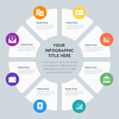 Circle chart business, money, charts infographic template with 8 options for presentations, advertising, annual reports