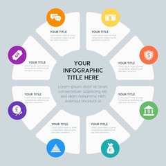 Circle chart business, money, charts infographic template with 8 options for presentations, advertising, annual reports