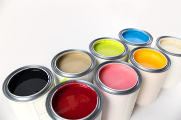 Eight colors of paint on white background