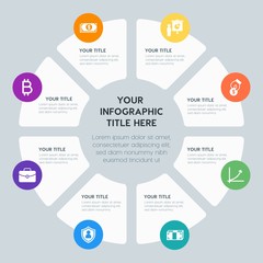 Circle chart business, money, charts infographic template with 8 options for presentations, advertising, annual reports