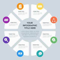 Circle chart business, money, charts infographic template with 8 options for presentations, advertising, annual reports