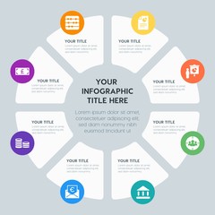 Circle chart business, money, charts infographic template with 8 options for presentations, advertising, annual reports