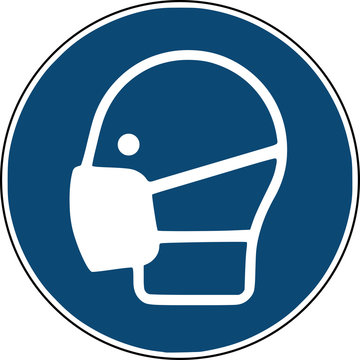 Mundschutz, Maske Symbol, blaues Schild - Gebotsschild  Baustelle 