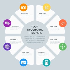 Obraz premium Circle chart business, money, charts infographic template with 8 options for presentations, advertising, annual reports