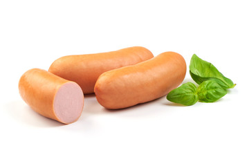 Fresh boiled Sausages, isolated on a white background