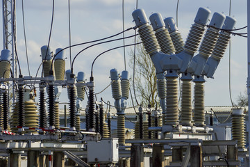 high voltage station against the blue sky.