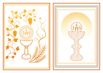 Set of two golden first communion invitation cards