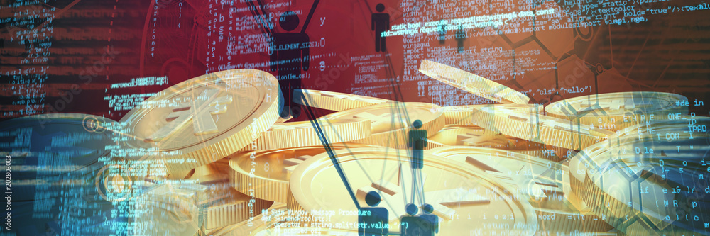 Poster people icons and binary codes against bitcoins