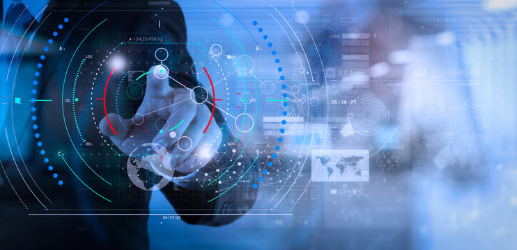 businessman hand working with modern technology and digital layer effect as business strategy concept