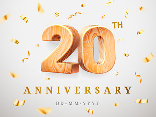 20 anniversary gold wooden numbers with golden confetti. Celebration 20th anniversary, number two and zero Template design for party, web, invitation,poster, game,booklet,event,leaflet,flyer, magazine