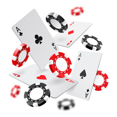 Falling aces and casino chips with blurred elements on white background. Playing cards, red and black money chips fly. The concept of winning or gambling. Poker and card games. Vector 3d illustration
