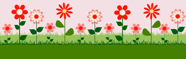 Vector banner with grass and flowers in cartoon style