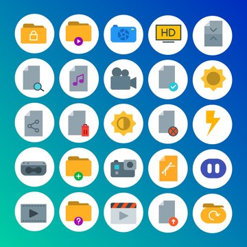 Modern Simple Set of folder, video, photos, files Vector flat Icons. Contains such Icons as  data,  document, hd,  entertainment,  space and more on gradient background. Fully Editable. Pixel Perfect