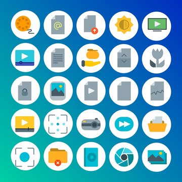 Modern Simple Set of folder, video, photos, files Vector flat Icons. Contains such Icons as  folder,  paper,  theater, dark,  media, dvd and more on gradient background. Fully Editable. Pixel Perfect
