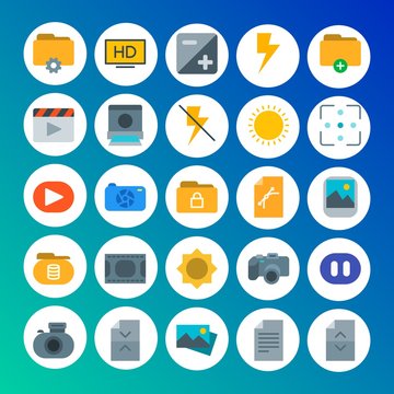 Modern Simple Set of folder, video, photos, files Vector flat Icons. Contains such Icons as image,  web, light,  lens, folder, office, hd and more on gradient background. Fully Editable. Pixel Perfect